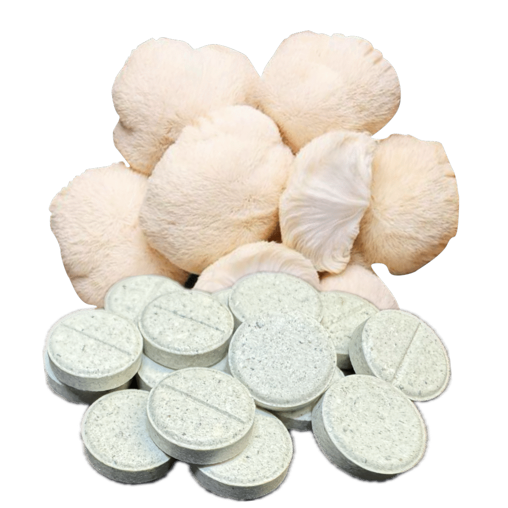 US grown whole lion’s mane mushrooms and 50mg tablets